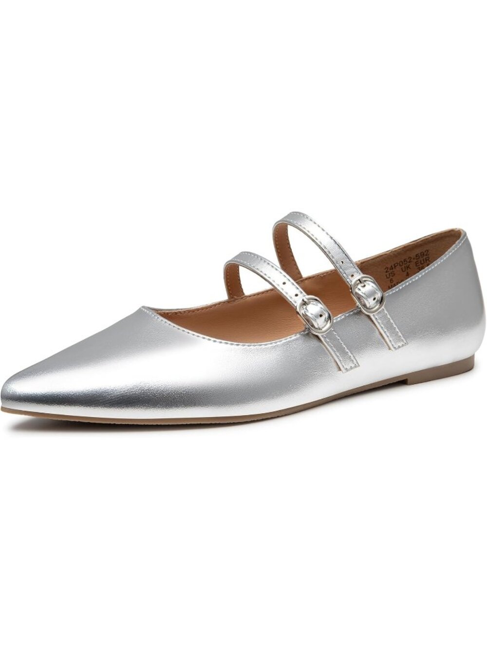 Women's Silver Mary Jane Shoes Women Closed Pointed Toe Ballet Flats Comfortable